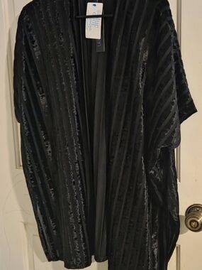Blue Haven Black Velvet Striped Open Kimono